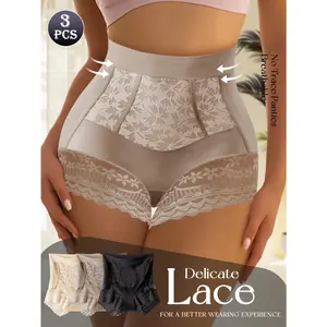 QUASTI 3 PCS High Waisted Seamless Sexy Briefs, Exquisite Lace High Elasticity Underwear Size Panties, Breathable Elegant Solid Color Casual Underwear, Mix Colors Womenswear Daily Wear, S-XXL