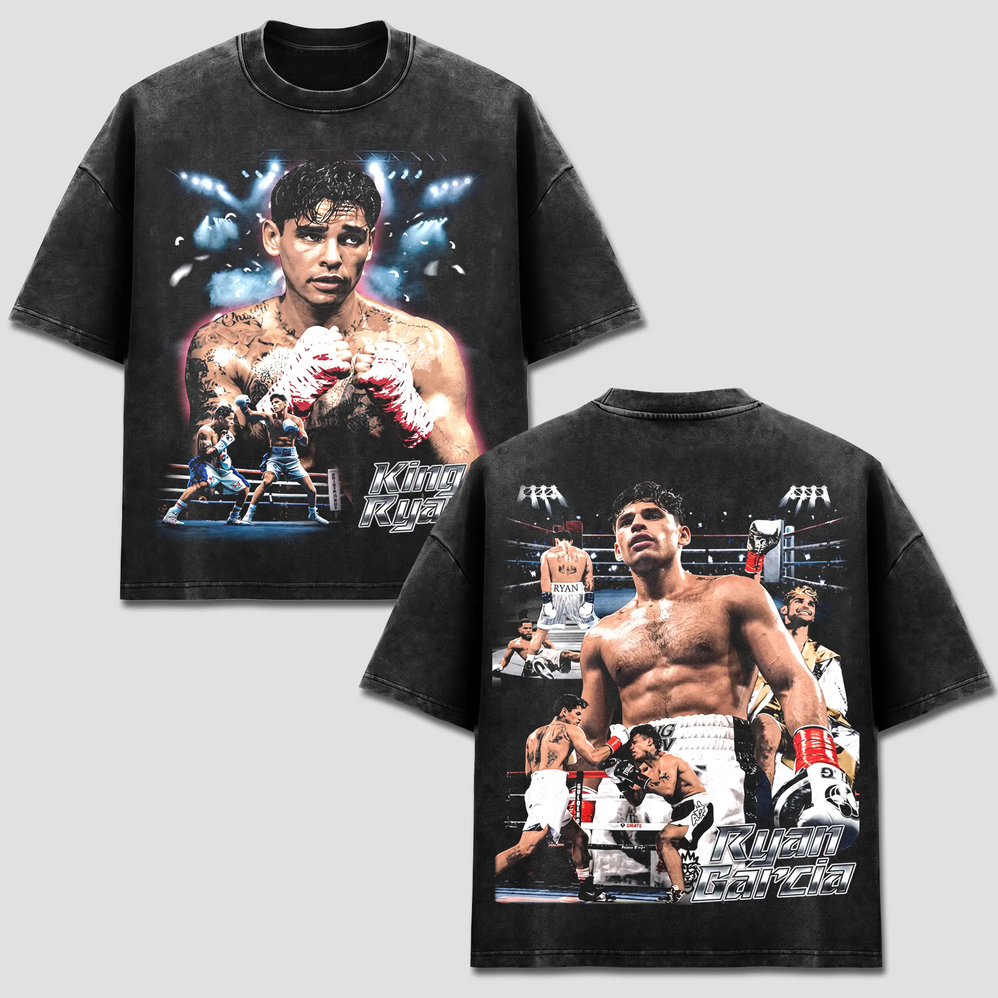 Ryan Garcia T-Shirt, RG King Ryan Tee, WBC Boxing Championship Merch, The Flash Fight Night Top, Knockout Ring Collage Graphic, Vintage Bootleg Rap Style, Retro Acid Washed Black, US Unisex Casual, Oversized Heavyweight Outfits, Clothing Apparel