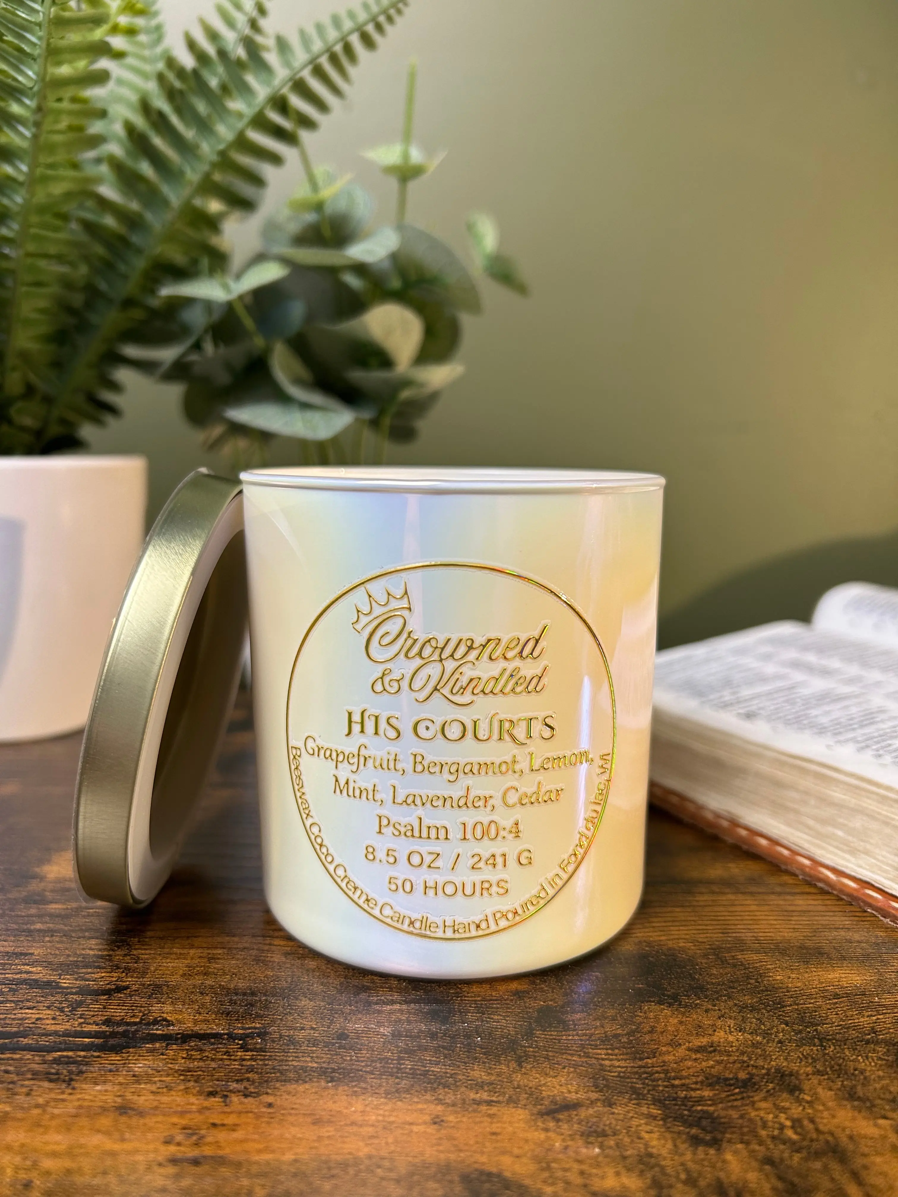Crowned & Kindled His Courts Tabernacle Collection Scented Glass Candle, 8.5 oz, 45-50 Hour Burn Time, Beeswax-Coconut Crème Blend, Creamy Aroma, Bergamot-Grapefruit-Lemon-Mint-Lavender-Cedar Fragrance, Cotton Wick, Home Decor Decoration Freshener Piece