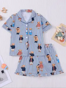 Fire Retardant Bear Print Pajama Set, Cartoon Bear Short Sleeve Shorts, Loose Fit, Casual Wear, All Seasons, Boys & Girls, Print Sleepwear