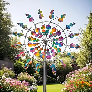 Outdoor Garden Decor Metal Iron Art Windmill, 36.6x12.2 Inch Crafted Hallow Rotating Geometric Bell, Floor Mounted Yard Ornament, Outdoor Wind Chimes