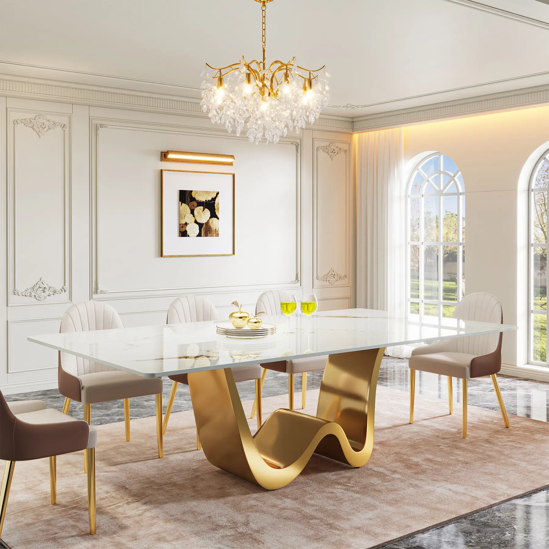 LITTLE TREE 78.74" Sintered Stone Dining Table for 6-8, Luxury Modern Rectangle Dining Table with W-Shaped Stainless Steel Base (Without Chair)