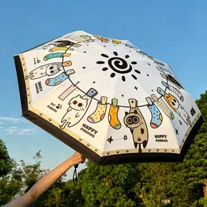 Original Design Cat Party Three-Fold Umbrella, Portable Foldable Sunshade, UV Protection, Inner Lining, Rain and Sunny Use