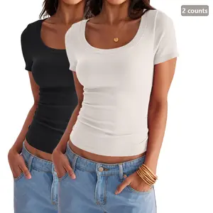 Crop Workout Tops for Women 2 Packs Summer Short Sleeve Gym Athletic Compression Shirts Cute Tight Basic Tops Tee