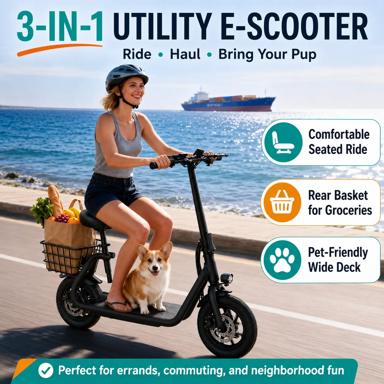 800W Foldable Electric Scooter with Seat for Adults, 48V 10Ah Battery, 12" Tires, Front & Rear Disc Brakes, Rear Basket, 3-Speed Modes, 18.5 MPH Commuter Scooter for Cargo & Pets