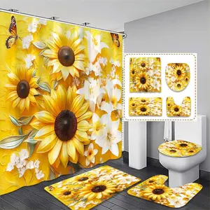 Thanksgiving Sunflower Pattern & Lily Shower Curtain Set, Includes Hooks, Perfect Housewarming Gift, Bathroom Decor, Festival Decoration