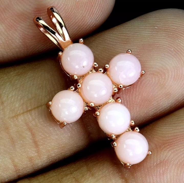 Rose Gold Plated Sterling Silver Opal Cross Necklace Pendant with Natural Pink Opals and Gold Finish