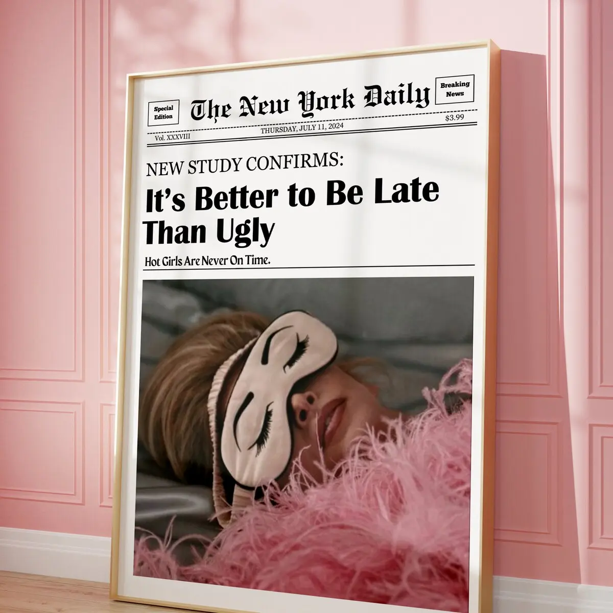 Trendy Wall Print, Girly Newspaper Print, Wall Art, New York Headline Poster, Bar Cart Decor, It Girl Dorm | Retro Red Newspaper Wall Art Unframed