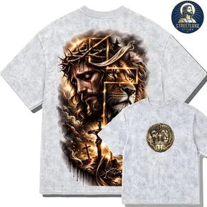 Vintage Mineral Wash Graphic Tee Oversized Streetwear T-Shirt Heavyweight Boxy Top Retro Gothic Jesus Christ Lion Judah Print Religious Crucifix Cross Luxury Washed Apparel