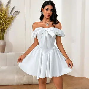 JY25066PFO-Back to School Womens Casual Plain Off-shoulder Slim-fitting Short Dress Lace-up A-line White Dress