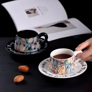 Juvenixs Luxury Retro Tulip Ceramic Coffee Mug Set with Matching Saucer Eco-Friendly Dishwasher Safe for Home Office Business Gifts