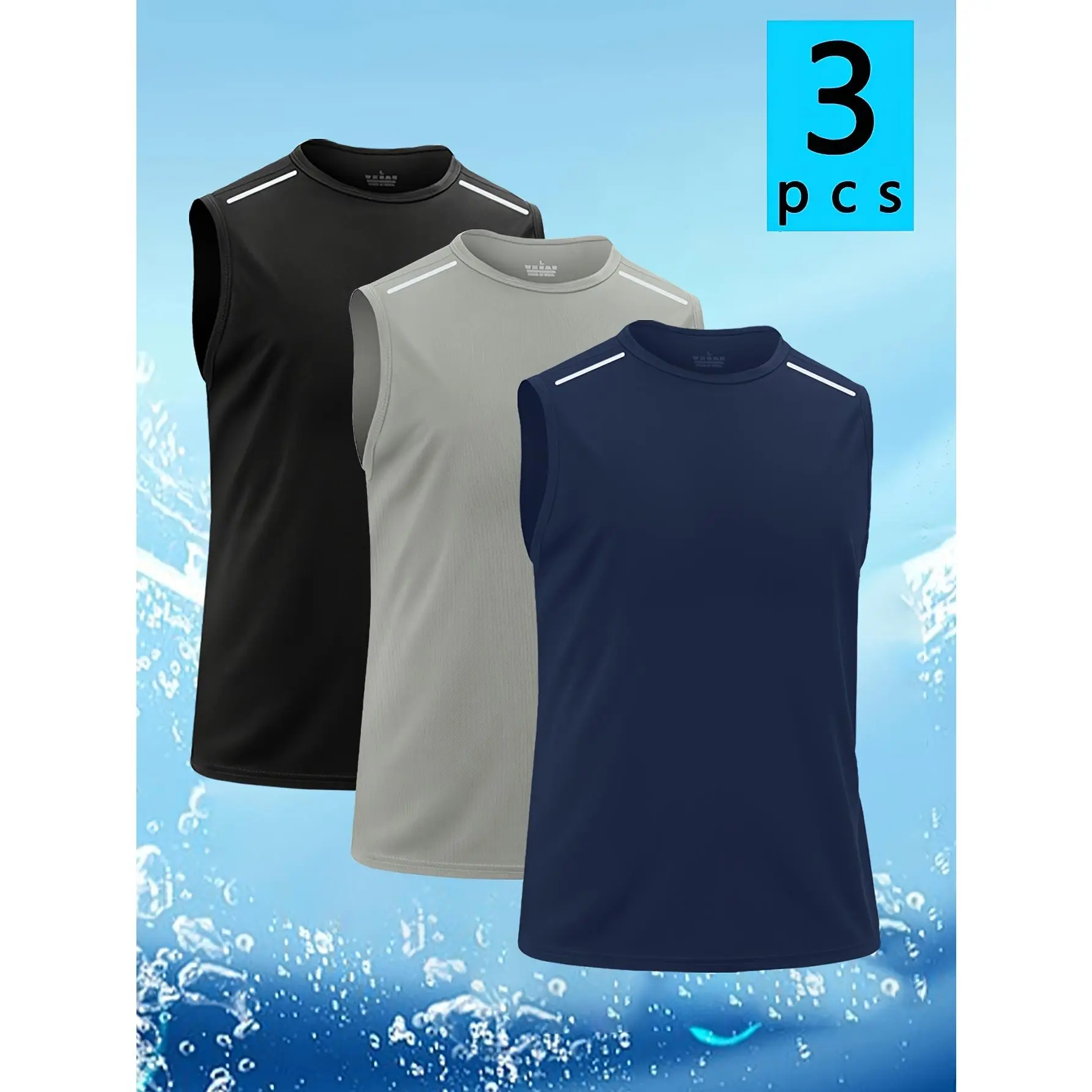Men's 3-Piece Sporty Chic Reflective Panel Athletic Vest - Quick-Dry, Breathable, Lightweight, Sweat-Wicking Round Neck Striped Top for Gym, Bodybuilding, Outdoor Use, Available in Black/Gray/Navy Blue, Reflective Panel Men's Sports Vest, Athletic Men's S