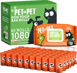 Pet N Pet 1080 Counts Orange Poop Bags, 41% Plant-Based + 100% Plant-Based Dog Wipes, 100 Counts