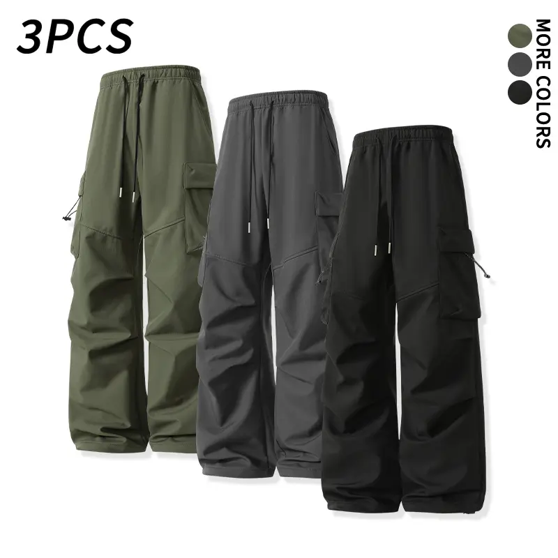 Men’s 3-pcs cargo parachute pants, lightweight ripstop woven fabric, loose wide-leg fit—must-have high-value multi-color set for hiking, commuting, and everyday outdoor activities, Y2K street-style long pants