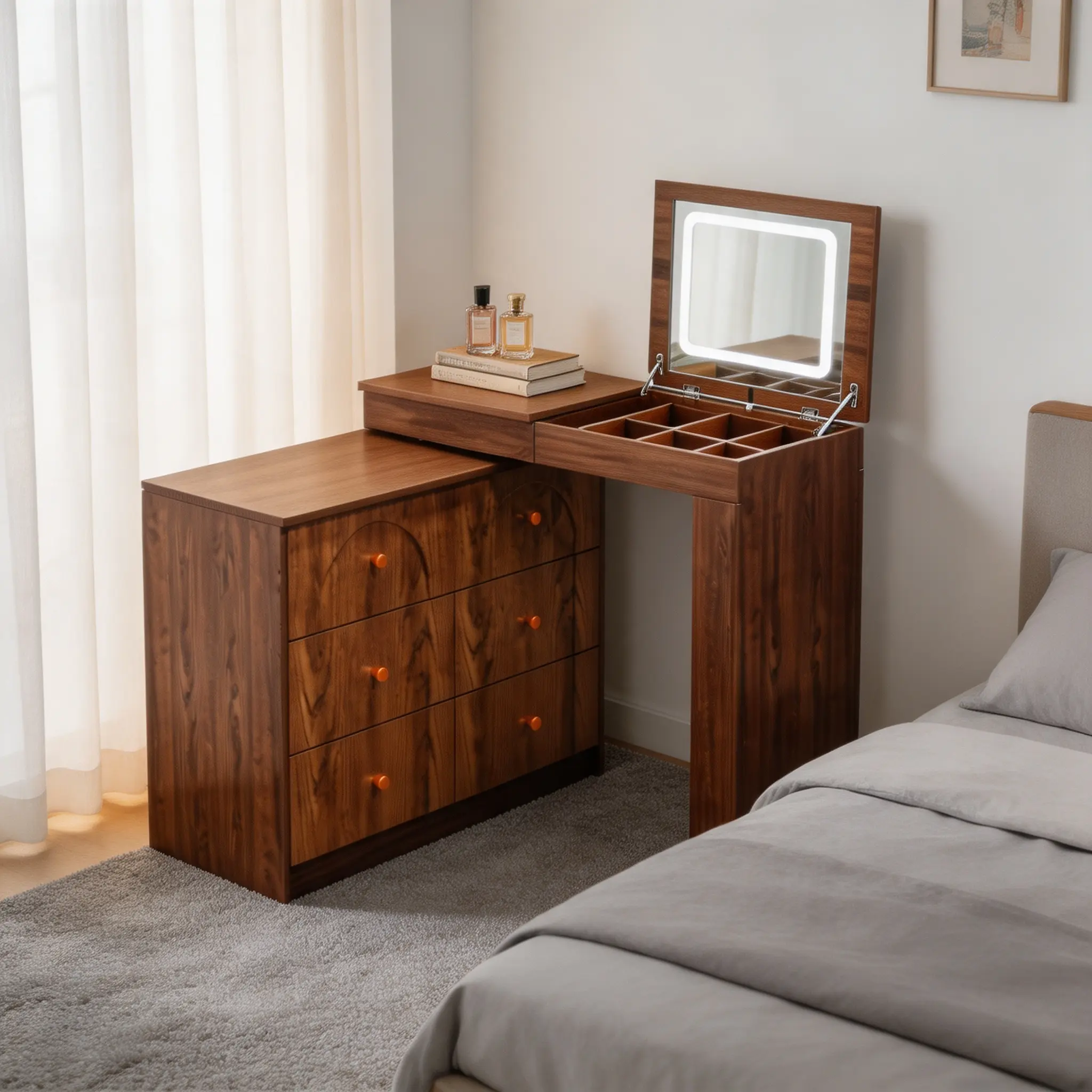 Vanity Desk with Flip-Top Mirror & Lights, Makeup Table with 7 Drawers, 9 Compartments, 3 Shelves, 3 Color Adjustable, Walnut for Bedroom