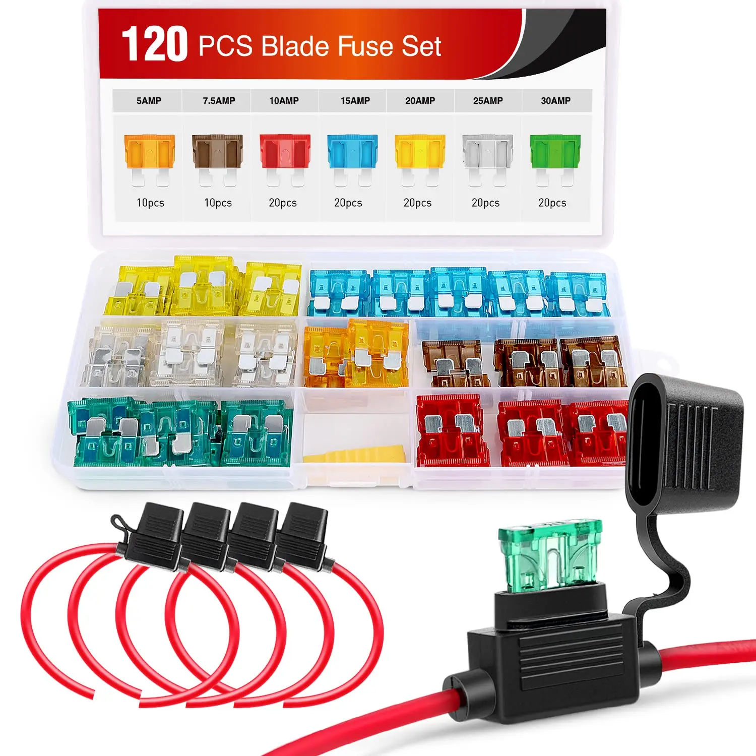 Nilight 120-Pcs Assorted Standard Blade Fuse Set (4A,5A,7.5A,10A,15A,20A,25A,30A) with 5-Pack 12AWG Heavy-Duty ATC/ATO Inline Holders & Puller - Car Safety Overload Protection for Vehicles