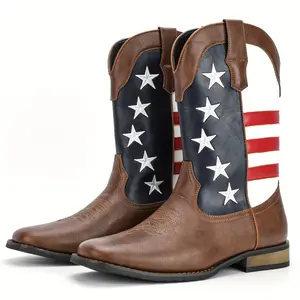 Men's American Flag Cowboy Boots | Patriotic Star & Stripe High-Top Slip-On Boots, PU Lining Non-Slip Rubber Sole