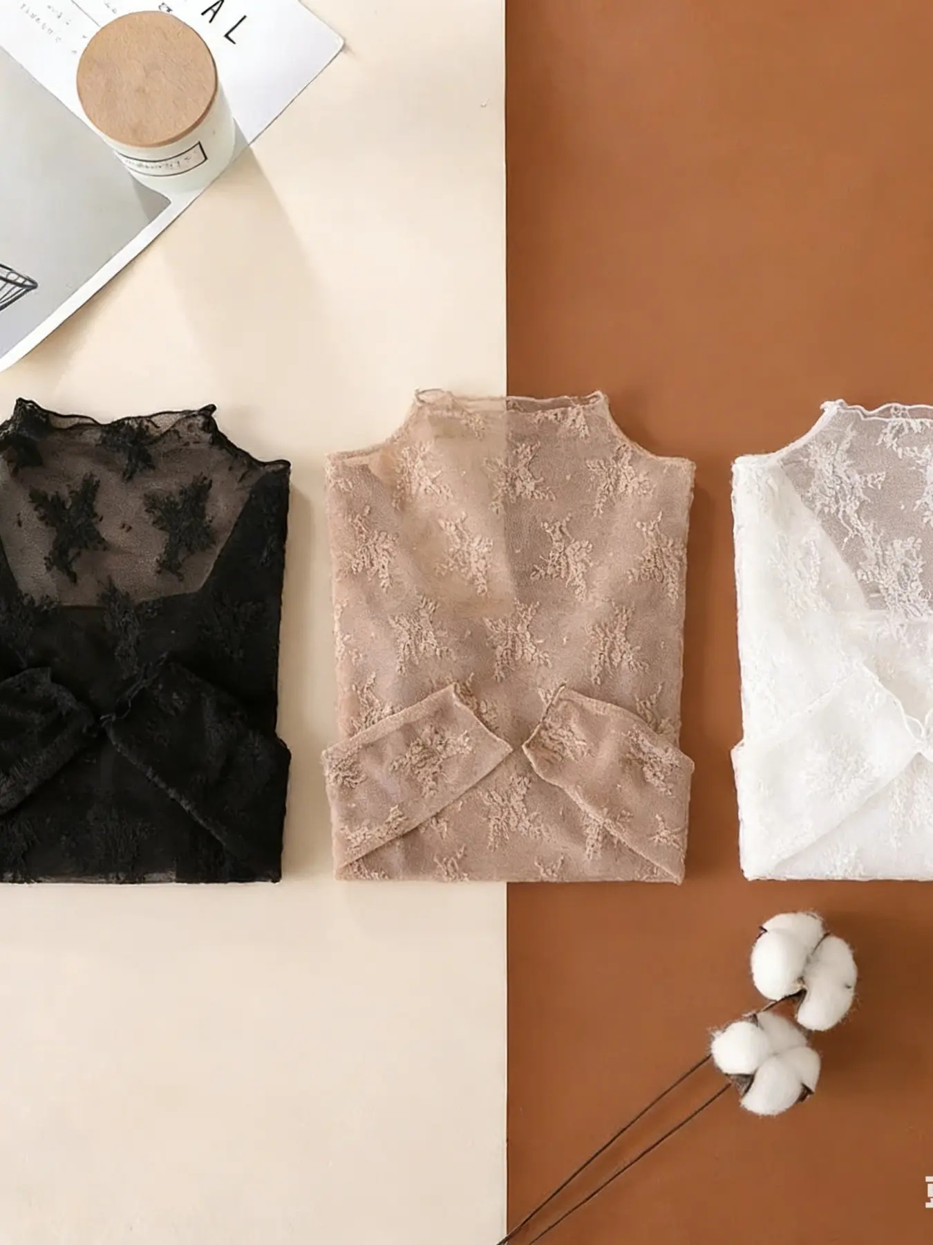 3PCS Black White khaki Women Half High Collar Mesh Bottomed Blouse Shirt Lace Ear Edge Hollow Long Sleeve Lace Top