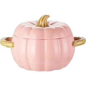 Dutch Oven Pot with Lid, Pumpkin Pottery Dessert Saucepan, Mini Baking Dish Cute Pumpkin Bowl, Covered Dutch Oven Ceramic Stockpot, Pumpkins-Shaped Casserole (Pink)