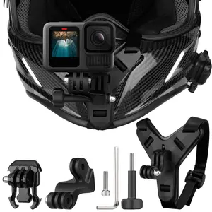 Action camera helmet mounting bracket, motorcycle chin strap accessory with lens center bracket, suitable for Go Pro Max Hero 13 12 11 10 9 8, for Insta360 X5 X4, for DJI Osmo 360 Action 3 4 5 Pro, Photography Camera Accessories
