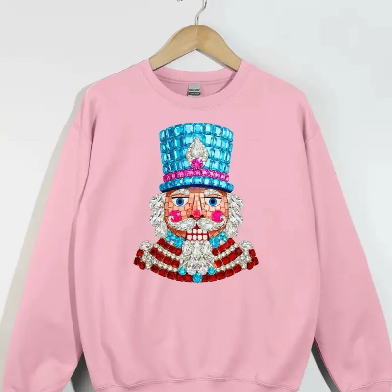 Heat Transfer Long Sleeve Shirt with Festive Nutcracker Design in Pink for Festive Wear
