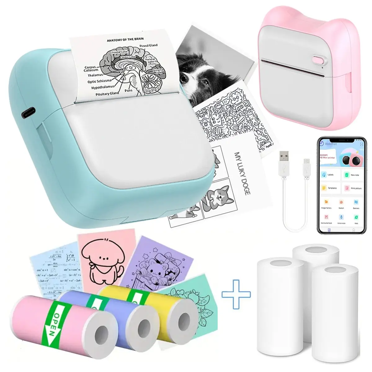 Portable Mini Printer with 6 Rolls Paper, Inkless Thermal Sticker Maker, Thermal Pocket Printer, Thermal Label Printer, Thermal Printing Labels, Portable Handheld Printer, Compatible with iOS and Android, Ideal for Photos and DIY Projects