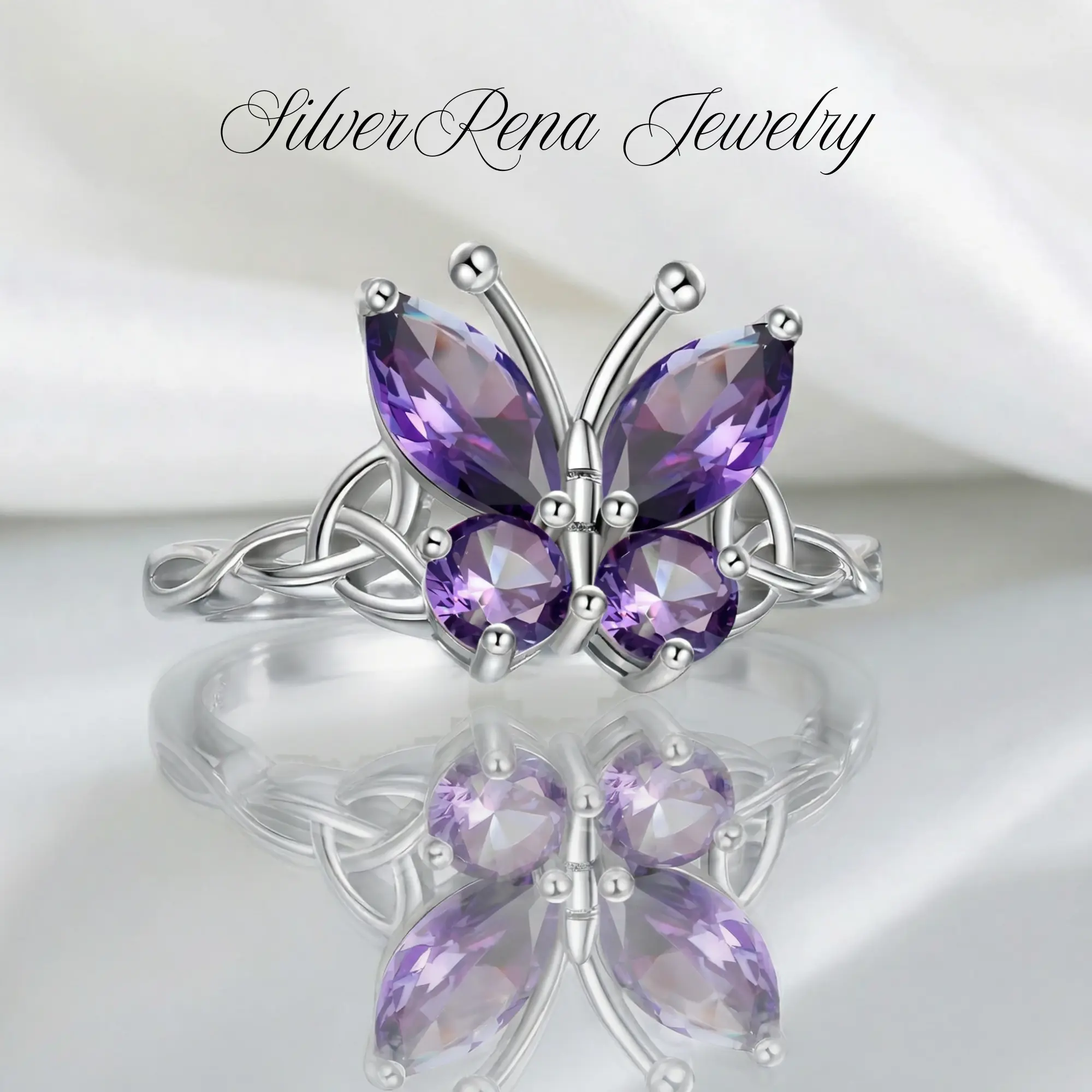 S925 Sterling Silver Celtic Knot Butterfly Jewelry Ring, Irregular Cut Purple Zirconia, Sizes 6-10, Women’s Gift for Birthday Party & Daily Wear, Happy Birthday