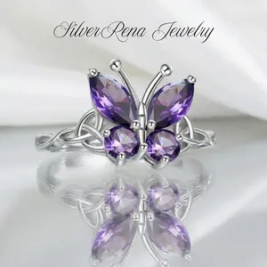 S925 Mother's Day Sterling Silver Elegant Ring, Celtic Knot Butterfly Design, Irregularly Cut Purple Zirconia with Cute&Elegant Style, Gift for Women, Daughter, Girls, Perfect for Birthday Party and Daily Wear