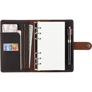 Leather Journal Notebook Refillable A6 Personal Size Traveler's Notebook with Pockets 6 Ring Binder Planner with Pen Holder - COFFEE