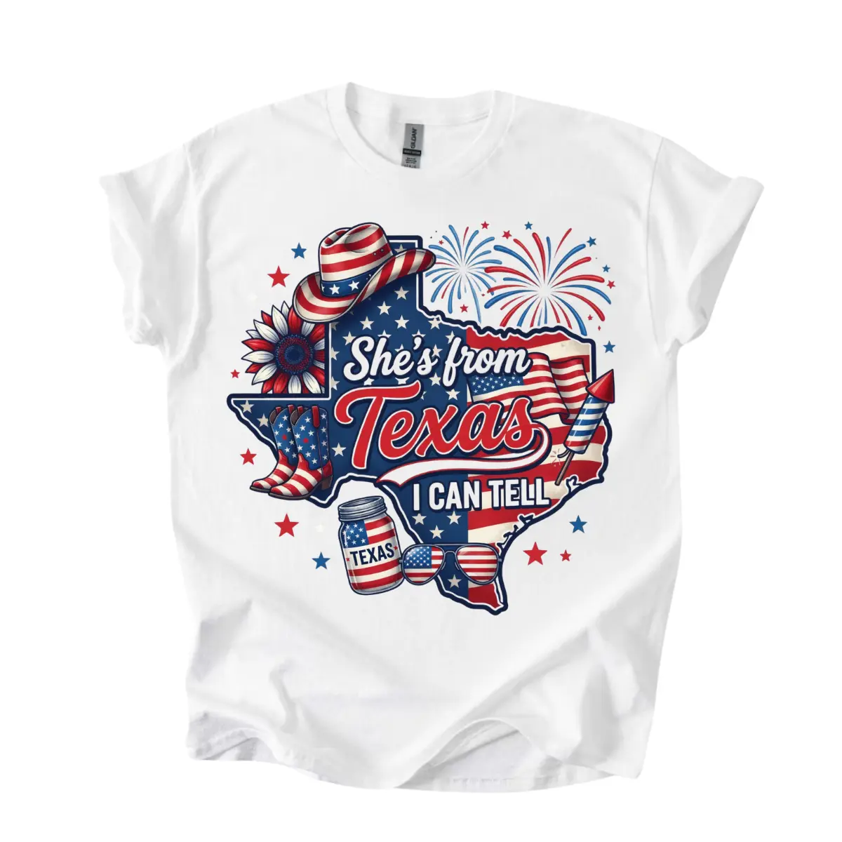 She's From Texas T-Shirt, Patriotic Texas Graphic Tee With USA Flag Fireworks Cowboy Hat And Boots Print, Independence Day State Pride Shirt, Front Graphic Print Tee, Southern Outfit Gift For Women