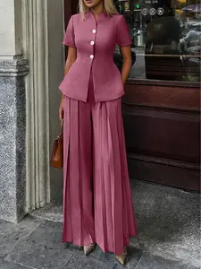 Women's Solid Color Set, Long Sleeve Fitted Blazer Jacket with Waistband and Side Pockets, Pants Design, Ideal for Daily Commuting