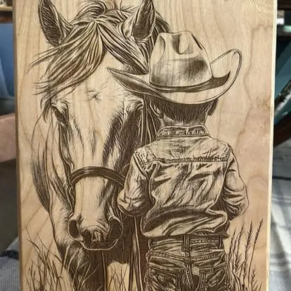 Little Cowboy and His Horse - Wooden Laser Engraved Art