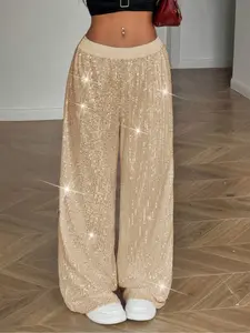 Women's Wide Leg Pants Low Waist Sparkle Sequins, Loose Casual Party Long Pants Streetwear, Fashionable Women's Clothing