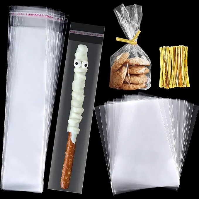400-Pack Clear Plastic Cellophane Treat Set with Twist Ties - 200 4x6in Cookie Holders, 200 2x10in Sealable Pretzel Rod Containers for Candy, Party Favors (Tool Organizer Packaging Solution)