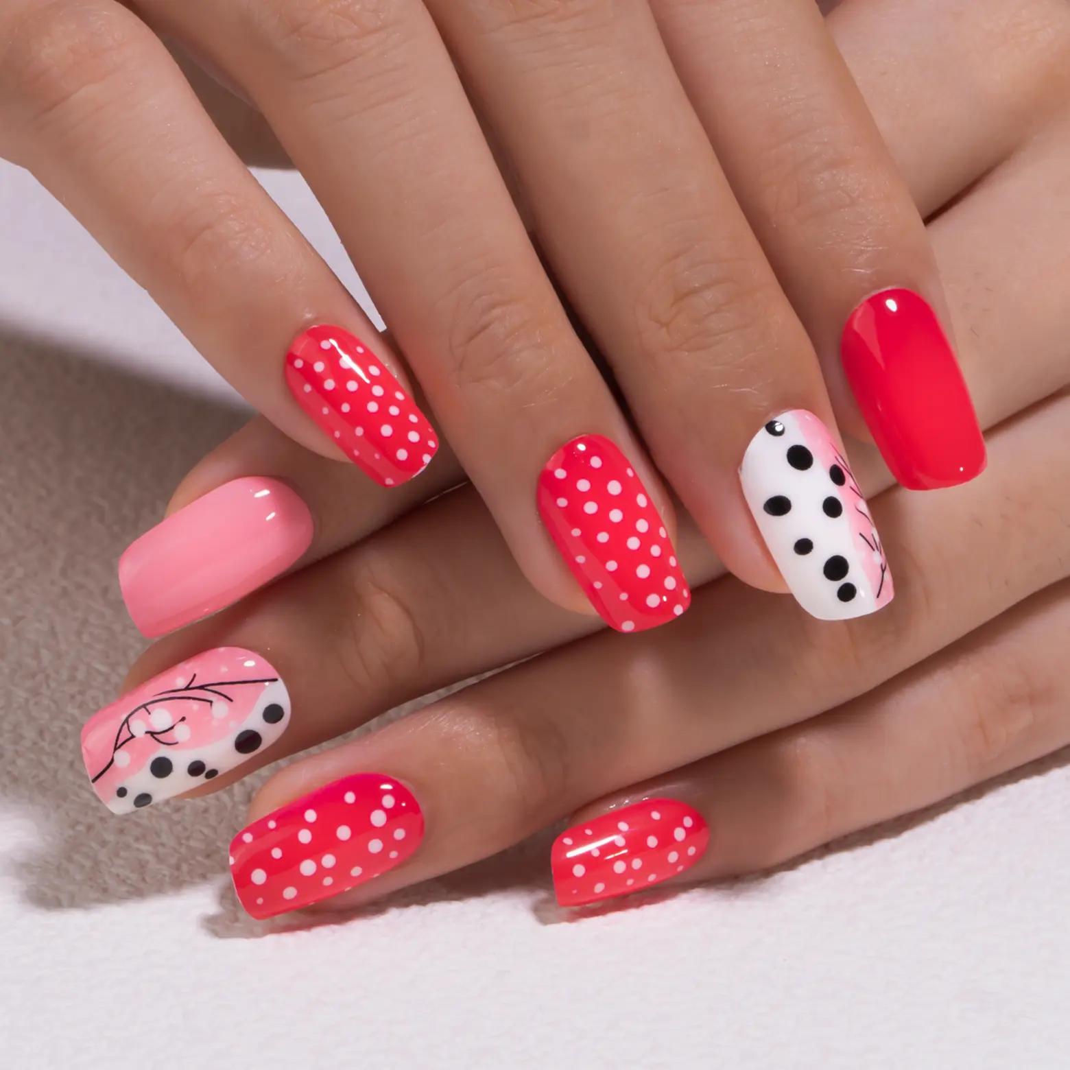 Pink Polka Bloom Press-On Nails – Bright and Light Pink Mix with White Polka Dots, Black Dot Accents, and Delicate Floral Patterns, Long-Lasting Reusable False Nail Set, Easy to Apply, Perfect for Spring, Summer, Weddings, and Everyday Chic Styles