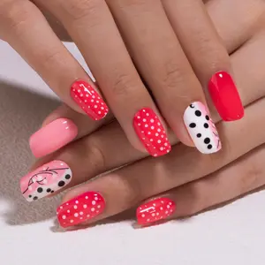 Pink Polka Bloom Press-On Nails – Bright and Light Pink Mix with White Polka Dots, Black Dot Accents, and Delicate Floral Patterns, Long-Lasting Reusable False Nail Set, Easy to Apply, Perfect for Spring, Summer, Weddings, and Everyday Chic Styles