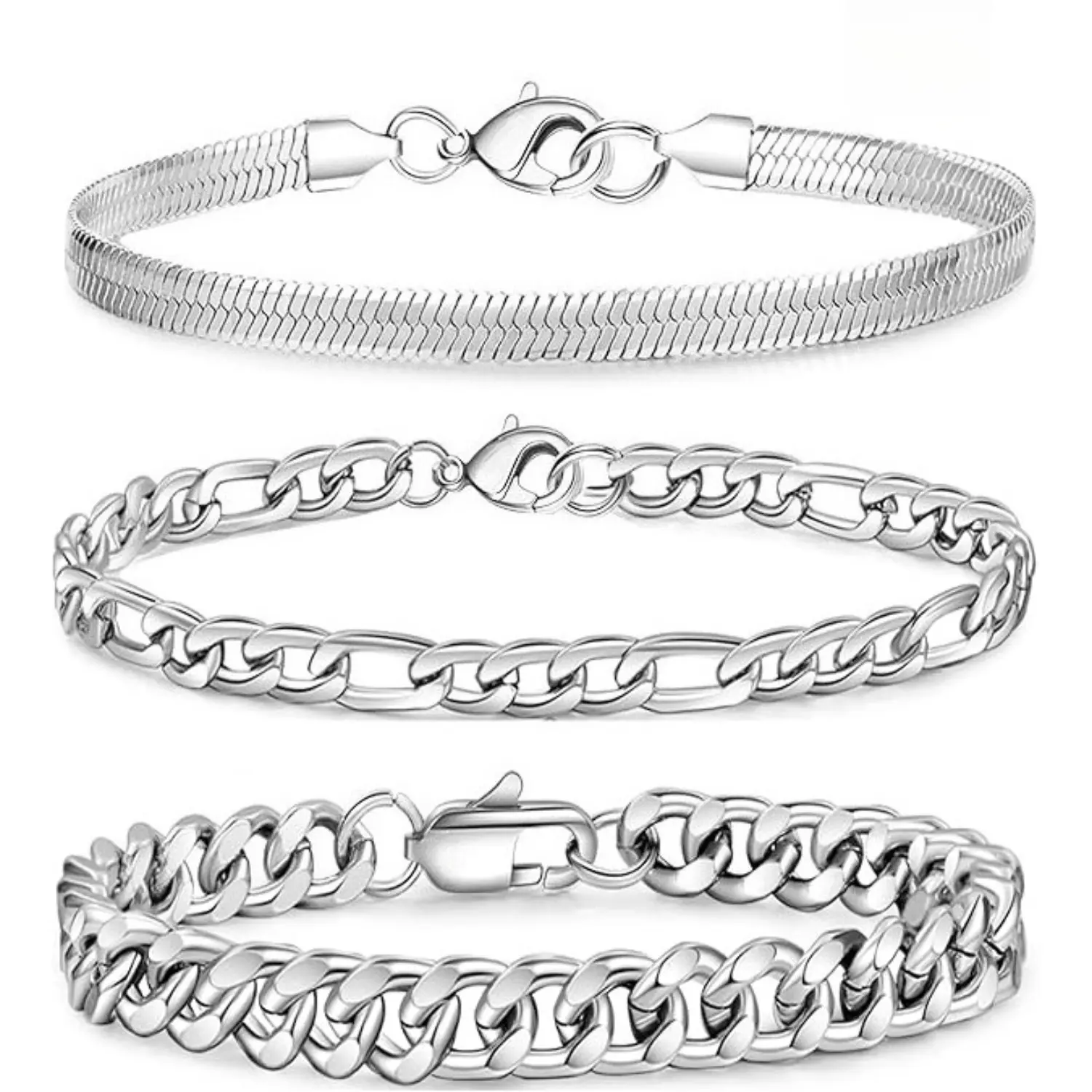 3-Pc Matching Chain Bracelet Set for Men, Cuban-Herringbone-Figaro Link Wrist Jewelry Gifts with 6/6.7/7.5/8.3/9.0 Inches Sizes, Matching Bracelets