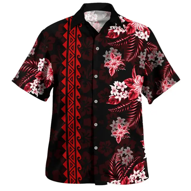 Men's Tropical Floral Tribal Shirt - Polynesian Pattern Casual Summer Aloha Top