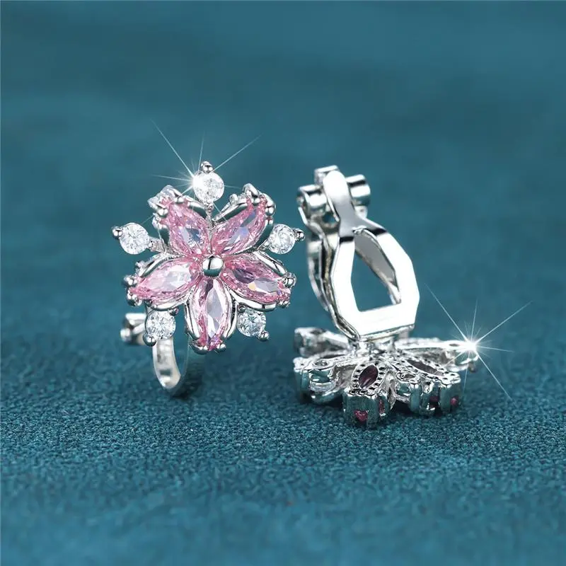 Elegant Pink Crystal Sakura Clip Earrings White Zircon Cute Flower Earrings For Women Vintage Silver Color Wedding Jewelry Gifts