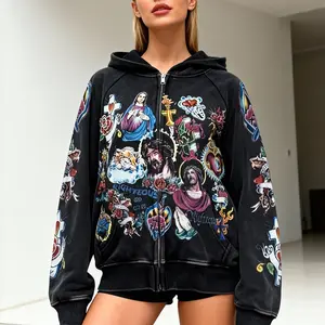 Black Vintage Gothic Tattoo Print Zip-Up Hoodie | Retro American Jesus/Heart/Rose Graphic Streetwear Unisex Oversized Jacket