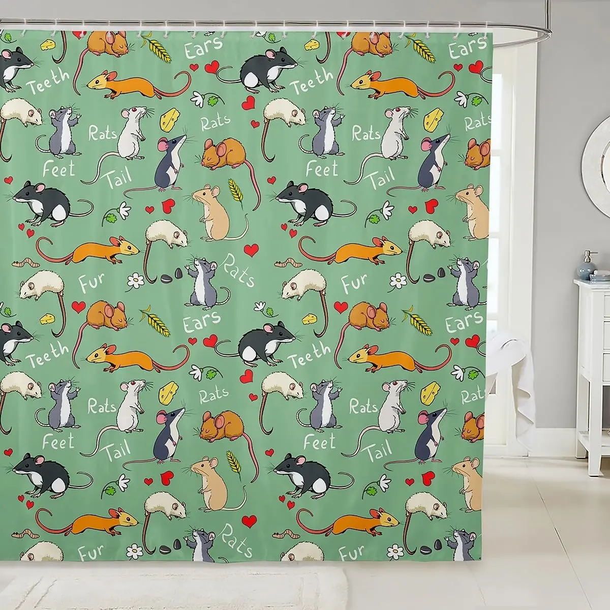 Rat Bath Curtain,Mouse Rodents Shower Curtain Funny Animal Love Heart Curtain Sets Cartoon Style Shower Curtains for Bathtubs,Teal Blue