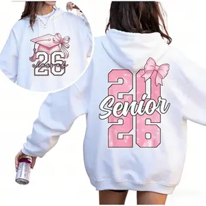 Unisex Senior 2026 Pink Bow Hoodie - Sweatshirt - Shirt Coquette 2026 Senior Girls Sweatshirt Cotton Fabric 202 Hoodied Unisex Warm Sweaters