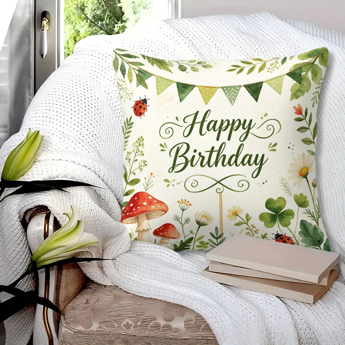 Retro Ladybug Birthday Throw Pillow, Thick Full Filling, Wrinkle Resistant & Anti-Deformation, Breathable & Comfortable, Ideal for Living Room Bedroom Camping, Including Pillow Core