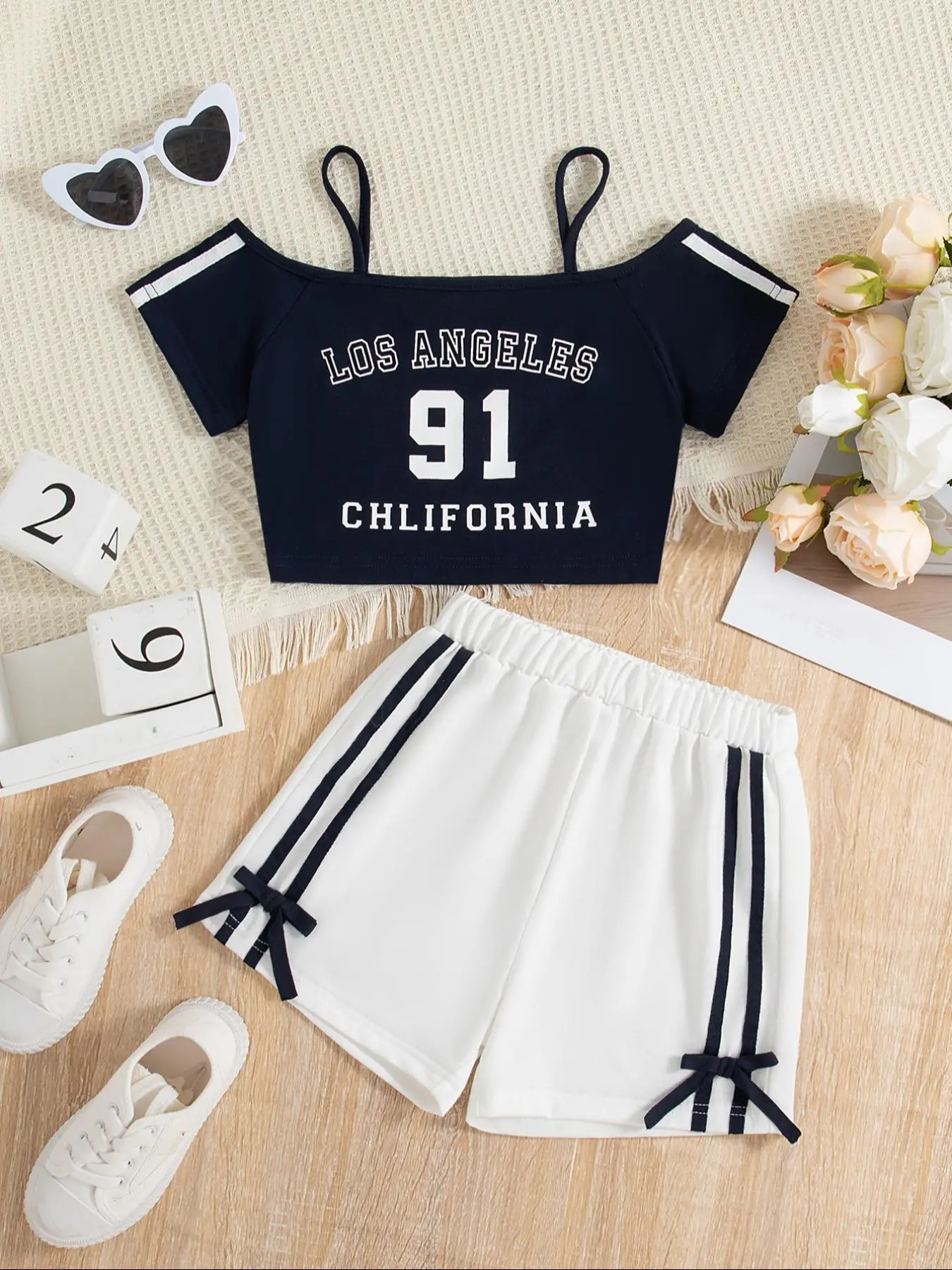 Girl's Letter Print Crop Top & Bow Decor Shorts Two-Piece Set, Casual Top & Shorts for Daily Wear, Kids Summer Outfit