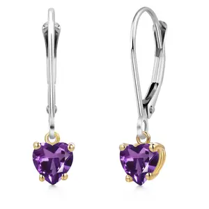 925 Silver and 10K Yellow Gold Purple Amethyst Dangle Earrings for Women | 0.84 Cttw | Gemstone February Birthstone | Heart Shape 5MM