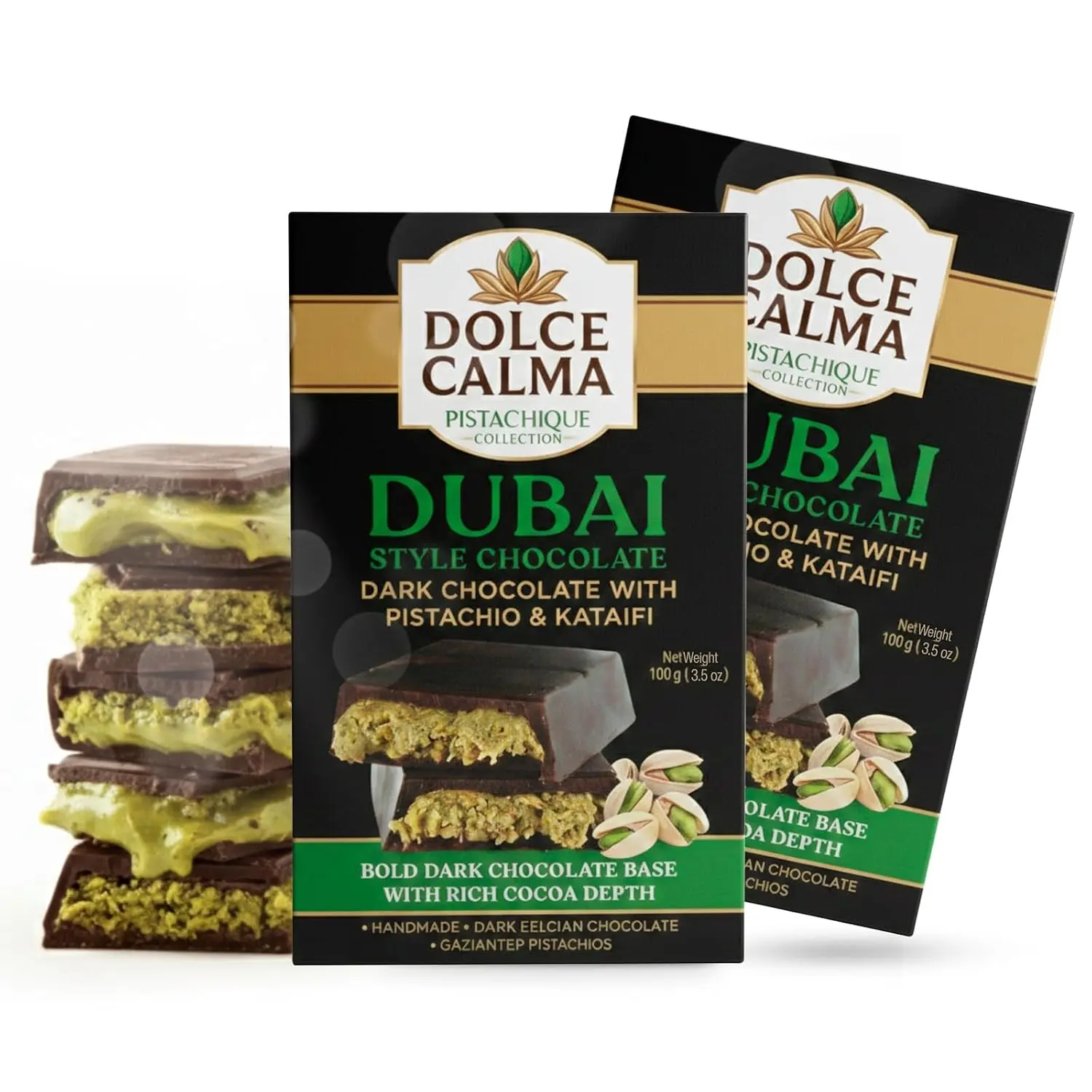 Dolce Calma Dark Dubai Chocolate Bar (Pack of 2, 100g/3.5oz) - Authentic Handmade Belgian Chocolate with Turkish Pistachio, Crispy Kataifi, Kunafa Filling, No Palm Oil, Ships with 1 Ice Gel Pack Each