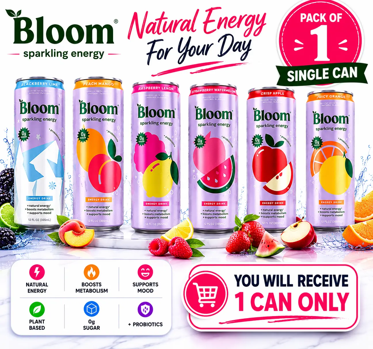 Bloom Nutrition Sparkling Energy Beverage, 12 fl oz Single Can, 0 Sugar, 180mg Natural Caffeine, Prebiotics, Lychee Extract, Metabolism Support, Mental Focus Support