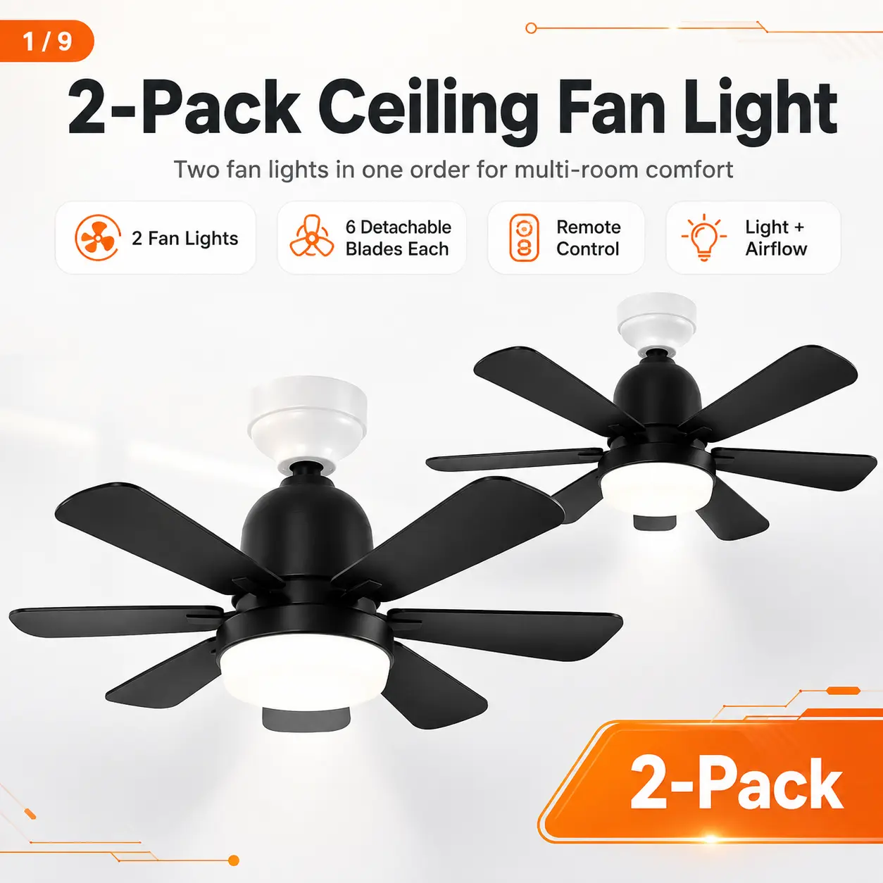 2 Pack 16.5" Ceiling Fans with Lights and Remote, 3 Color Temperatures, Dimmable LED Light, 3 Fan Speeds, 1H/2H/4H Timer, Detachable 6-Blade Fan Lights for Bedroom Kitchen Office