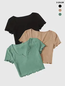 Women's Solid Ribbed Fit Tee Top, Casual Short Sleeve T-shirt for Summer, Ladies Clothes for Daily Wear