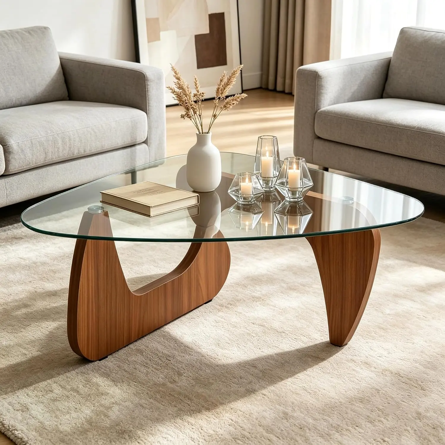Modern Glass Coffee Table,Irregular Rounded Triangle Clear Tempered Glass Top,Walnut Tone Plywood Base, Minimalist Accent Center Table for Living Room, Bedroom,Reception & Office